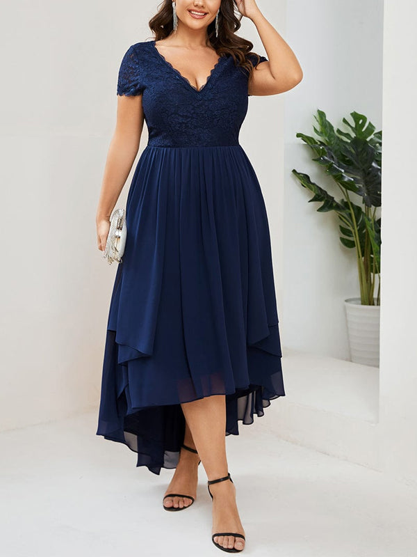 V-neck Lace Solid Color Midi Dress