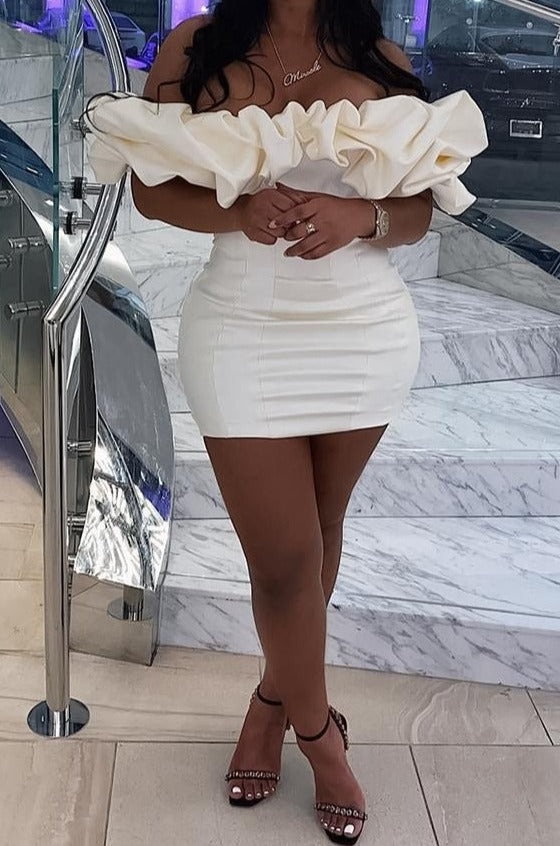 loveedsTM-thigh length ruffle sleeve pretty solid color off shoulder casual wear dress