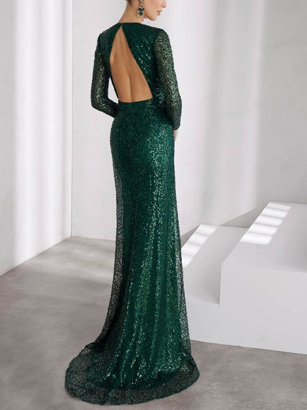V-neck Sequin Solid Color Maxi Dress