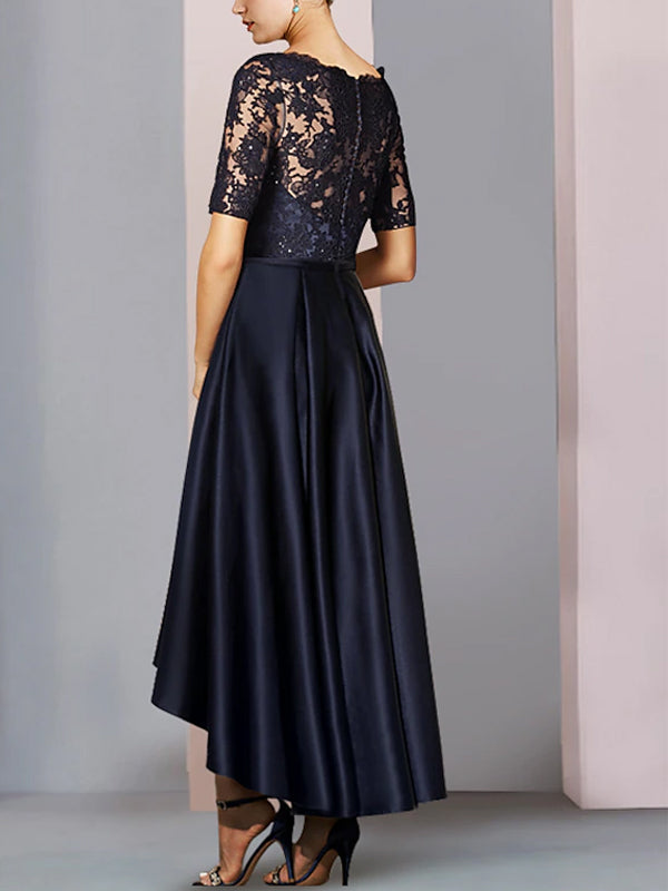 Asymmetrical Satin Lace Short Sleeves Midi Dress