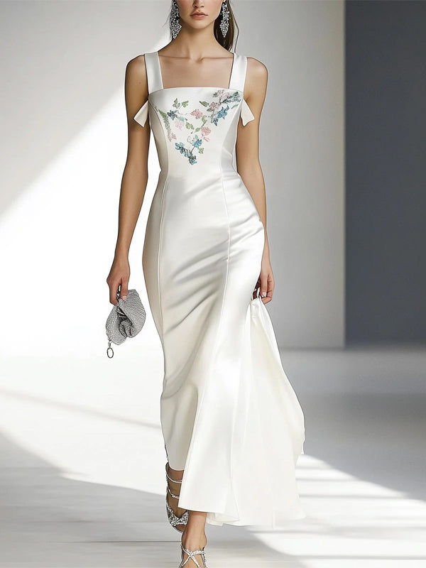 White Suspender Print Maxi Dress