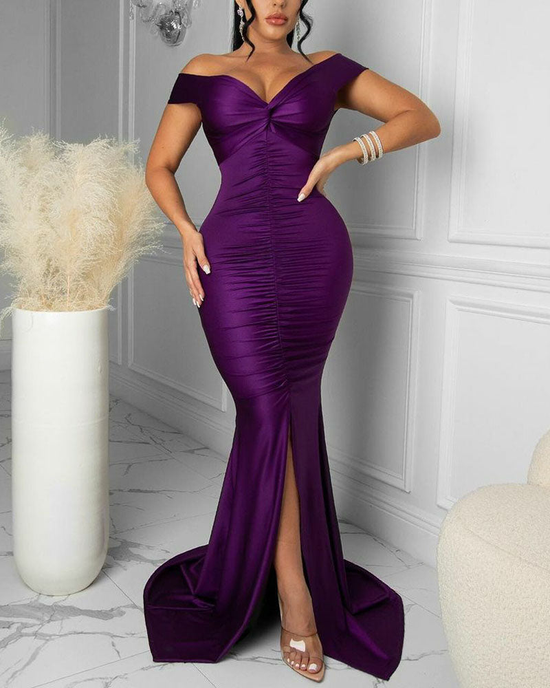 loveedsTM-Satin Off Shoulder Ruched Split Mermaid Dress
