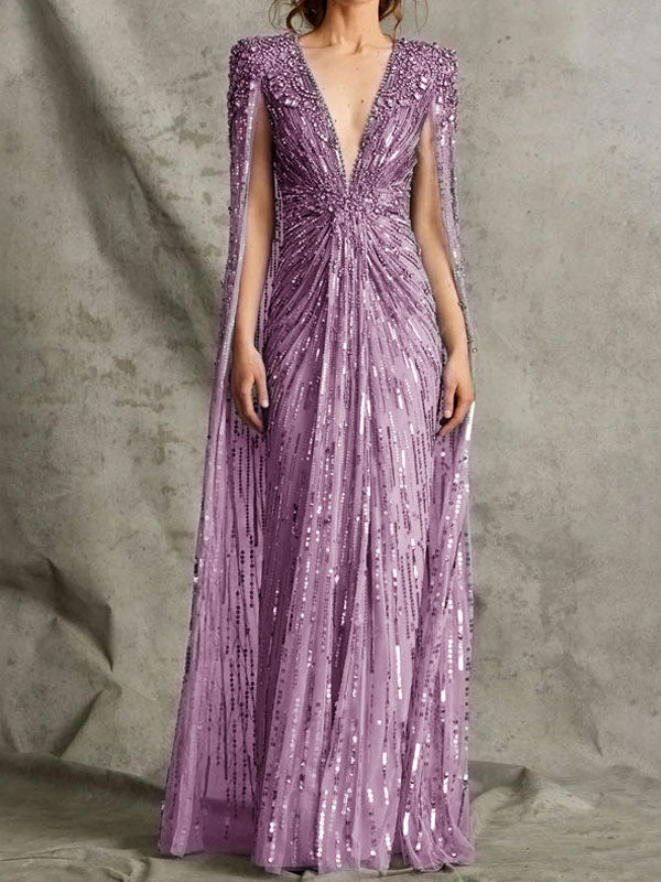 Deep V Beading Cape Sleeve Dress