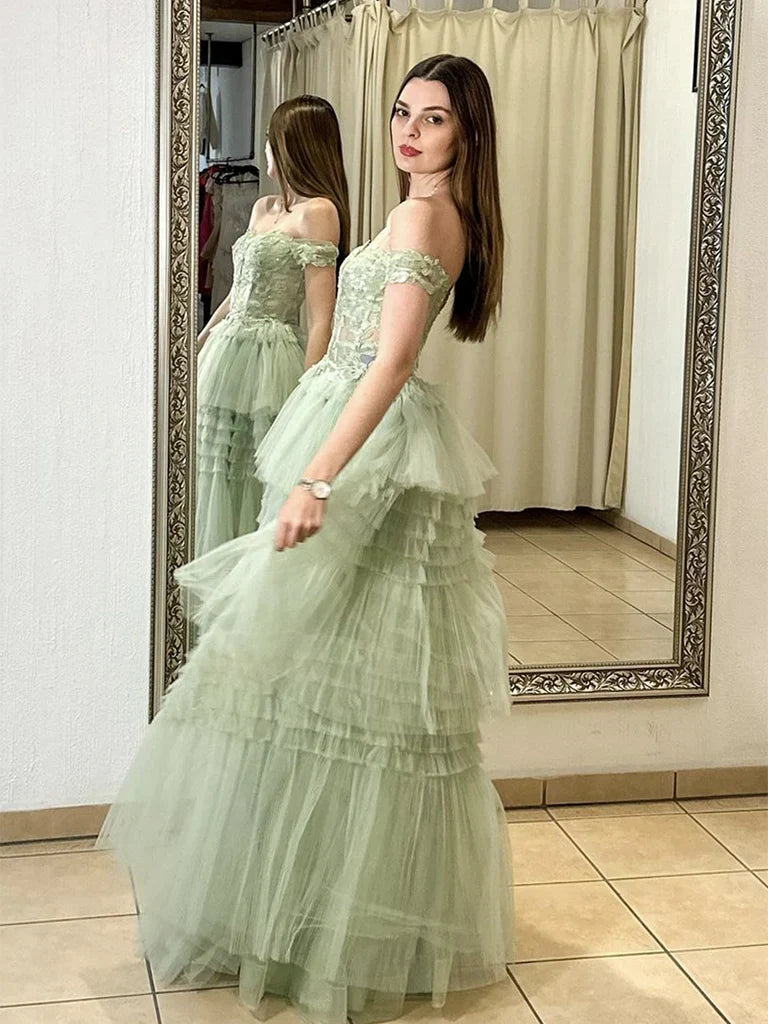 Green A-Line Sweetheart Neck Off Shoulder Tulle Lace Long Prom Dress,Formal Evening Dress ED01279