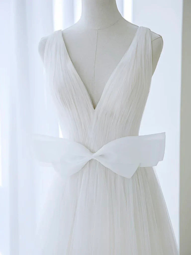 A-Line Off Shoulder White Tulle Flower Long Prom Dress, Blue Long Formal Dress ED072