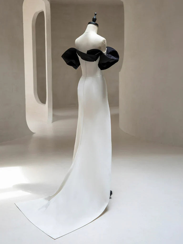 Simple Off Shoulder Satin Black/Beige Long Prom Dress, Black/Beige Long Formal Dress ED0752