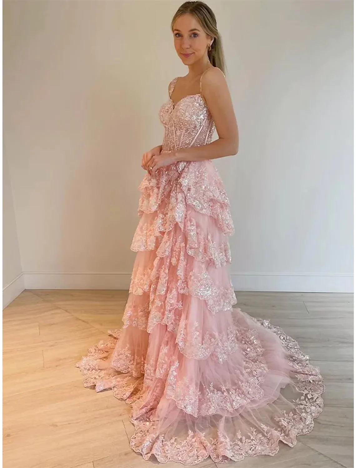 Pink Sequined Lace Layers Split Long Evening Prom Dress