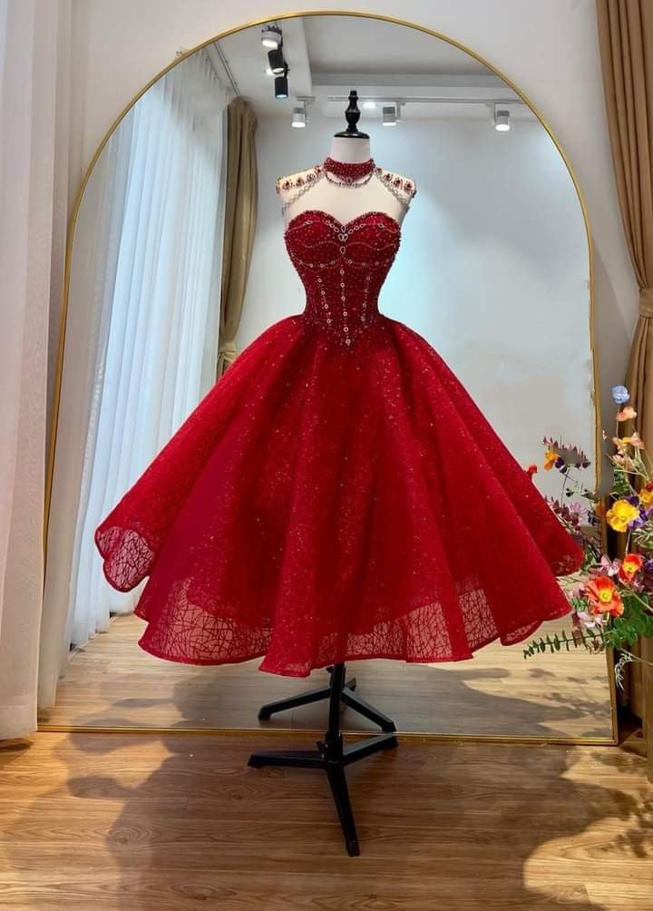 Red Beaded Elegant Long Tulle Ball Gown Evening Gown Party Dress gh4914