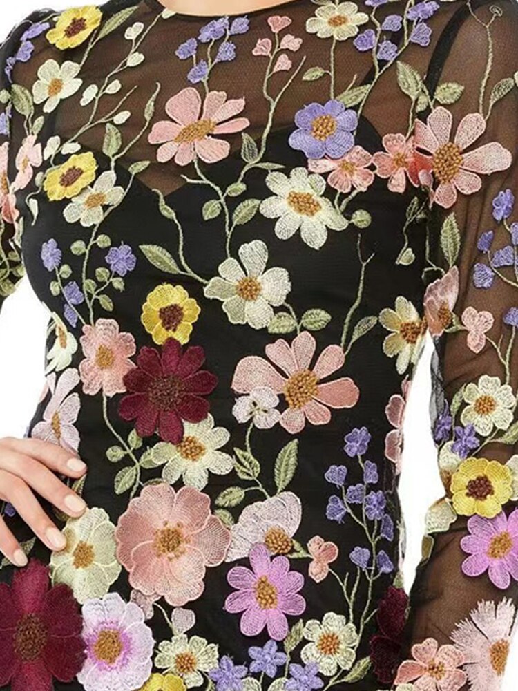 loveedsTM-Flower Print Embroidery Mini Dress Women Half High Collar Long Sleeve Hip Package Dresses Female Autumn Elegant Lady Vestidos