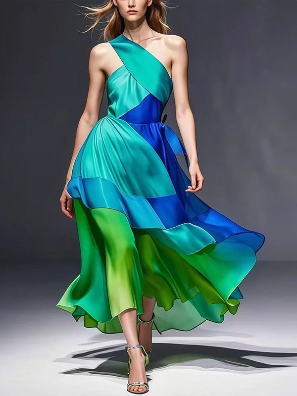 Blue Off-shoulder Print Midi Dress