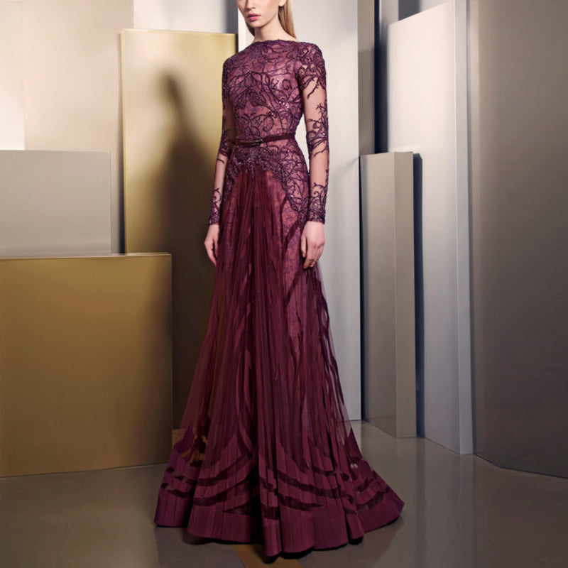 Round Neck Lace Sequin Long Sleeve Maxi Dress