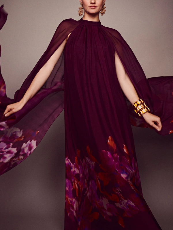 Elegant and Romantic Chiffon Printed Cape Women's Dress