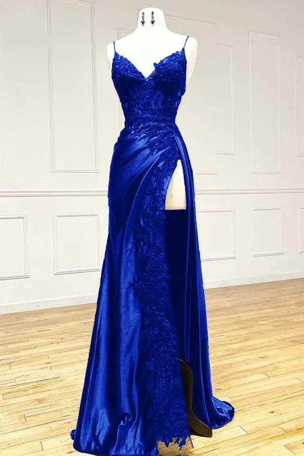 Black fashion classy sexy V-neck exquisite lace spaghetti straps side slits long satin prom dress evening dress party dress gh2611