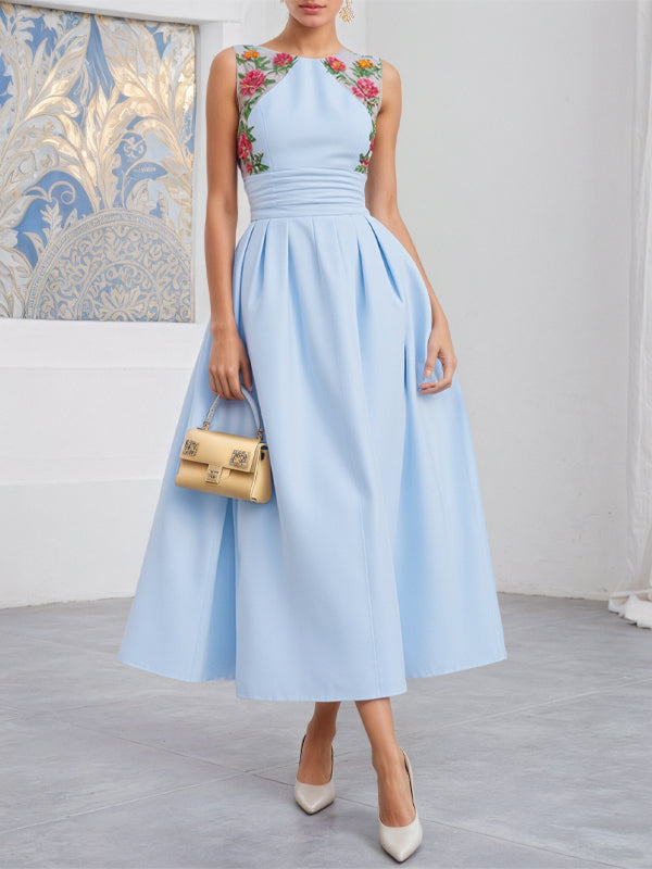 Light Blue Round Neck Sleeveless Print Midi Dress