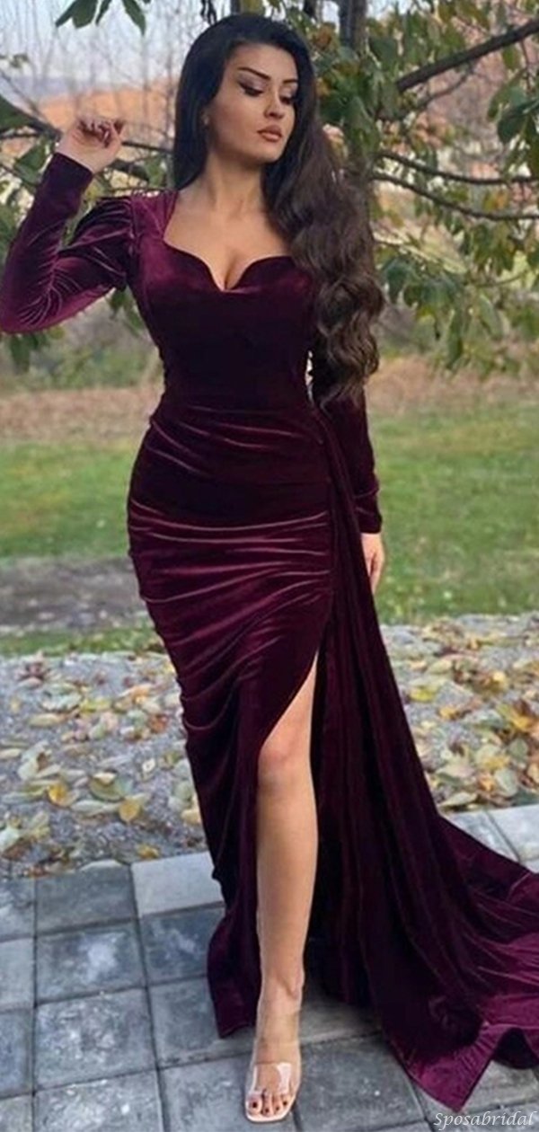 Elegant Burgundy Velvet V-neck Long Sleeves Side-slit Mermaid Long Train Prom Dress