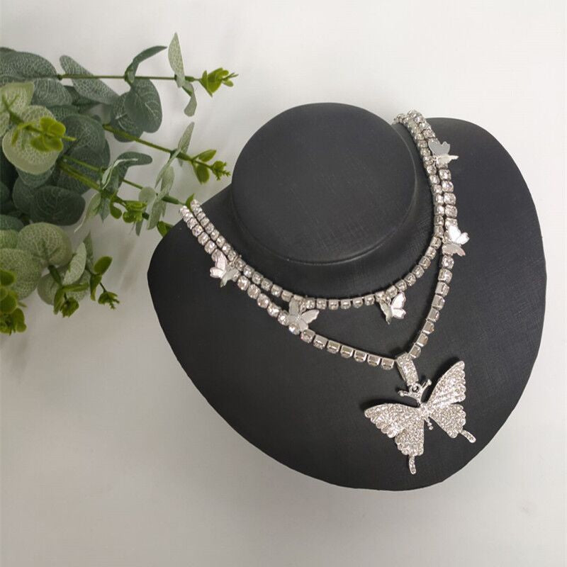 Personalized Butterfly Rhinestone Double Diamond Chain Necklace