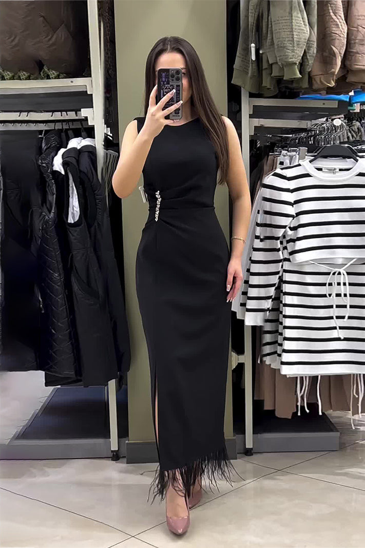 loveedsTM-Round neck solid color sleeveless slim fit hem tassel dress