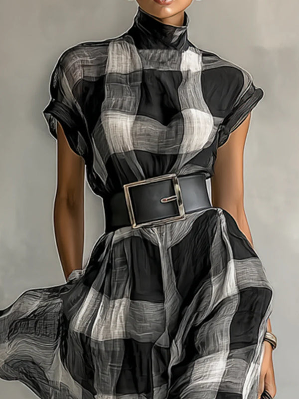 High Neck Plaid Belt Waist Women's Dress