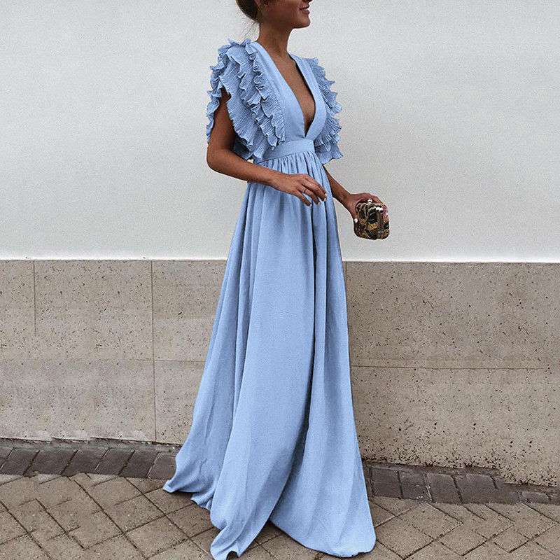 loveedsTM- Formal Party  Dress Women Deep V-Neck Long Dress Elegant Flying Sleeves Backless Maxi Evening Dresses Robe De Soiree