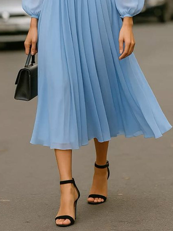 Chiffon Waist Elegant Pleated Ladies Dress