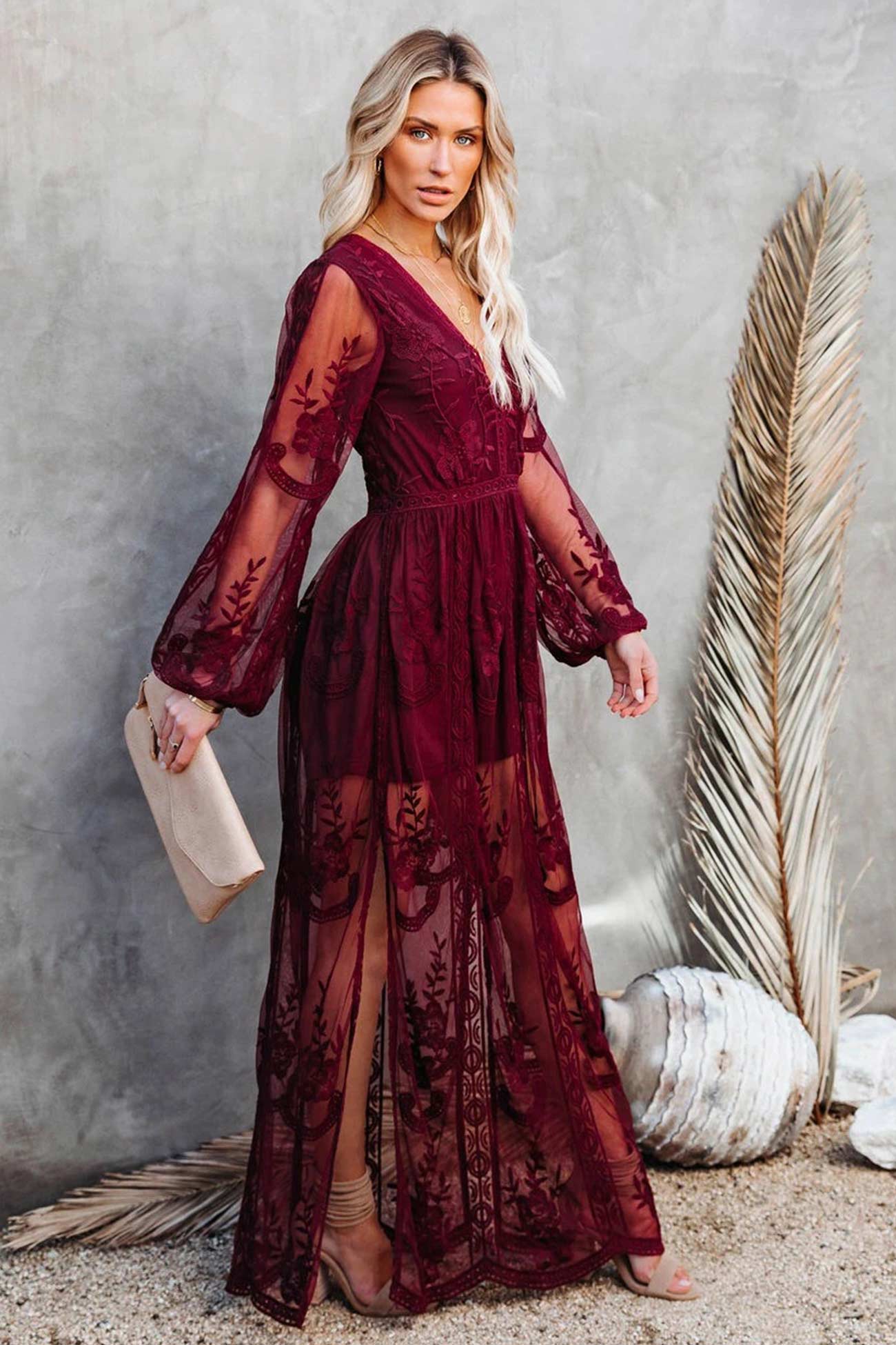 loveedsTM-V Neck Lace Patchwork Split Maxi Dress