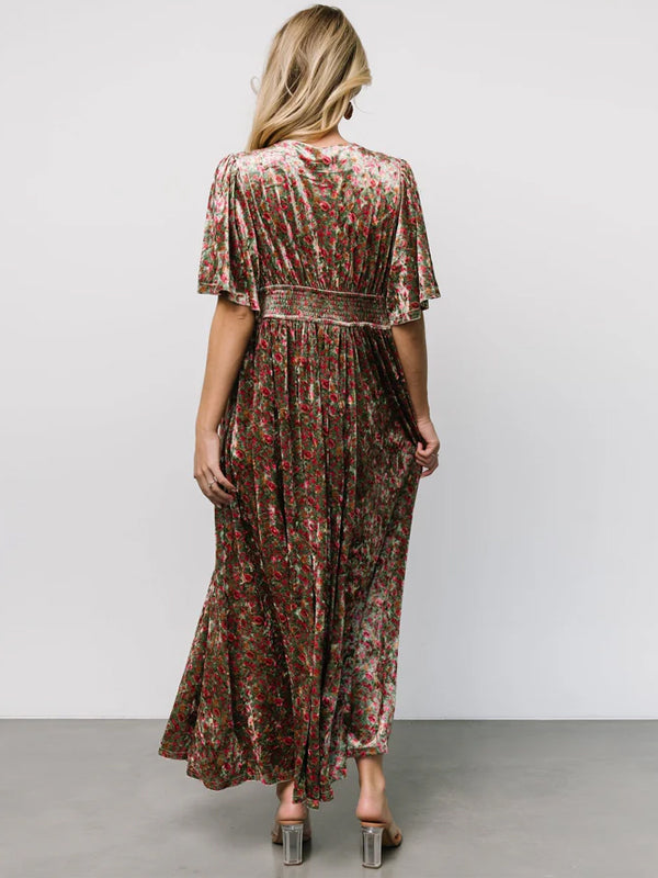 V-neck Corduroy Print Maxi Dress