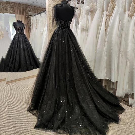loveedsTM- Gothic Black Wedding Dresses Sexy Ball Gown Prom Dresses Glitter Sweetheart Party Dresses Vestidos De Fiesta