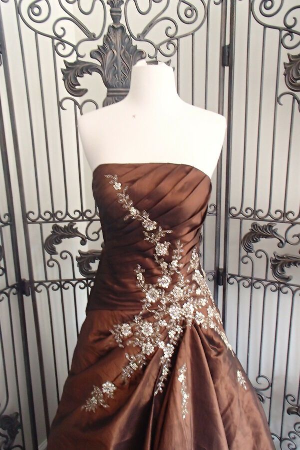Brown Gorgeous Vintage Exquisite Applique Tube Top Long Elegant Satin Ball Gown Evening Dress gh3313