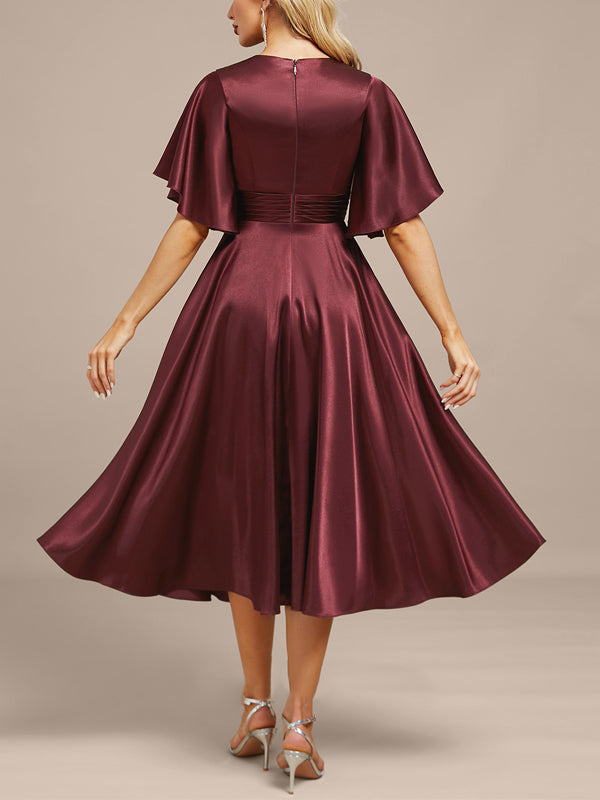 V-neck Satin Solid Color Midi Dress