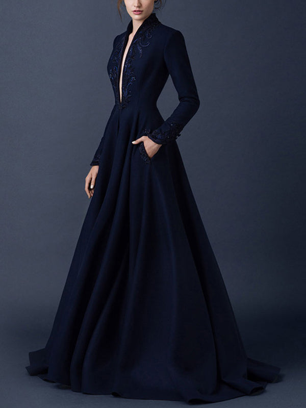 V-neck Long Sleeve Lace Solid Color Maxi Dress