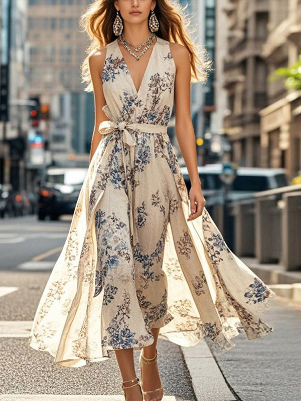 V-neck Sleeveless Printed Midi Dress