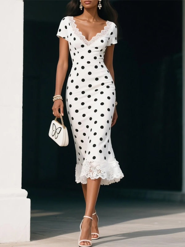 White Lace Classic V Neck Short Sleeve Sheath Midi Dress