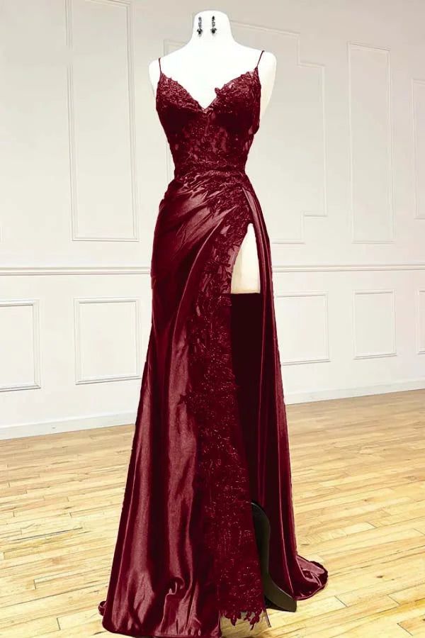 Black fashion classy sexy V-neck exquisite lace spaghetti straps side slits long satin prom dress evening dress party dress gh2611