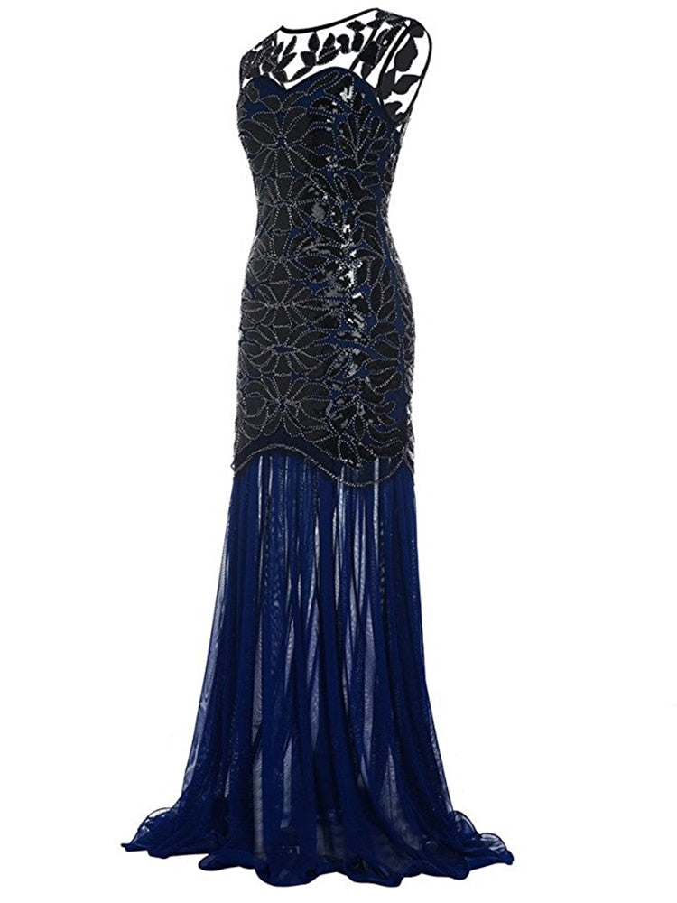 loveedsTM-Vestidos Vintage Mujer Sequins Beading Long Evening Dresses Formal Round Neck Lace Long Sexy Women Party Special Occasion