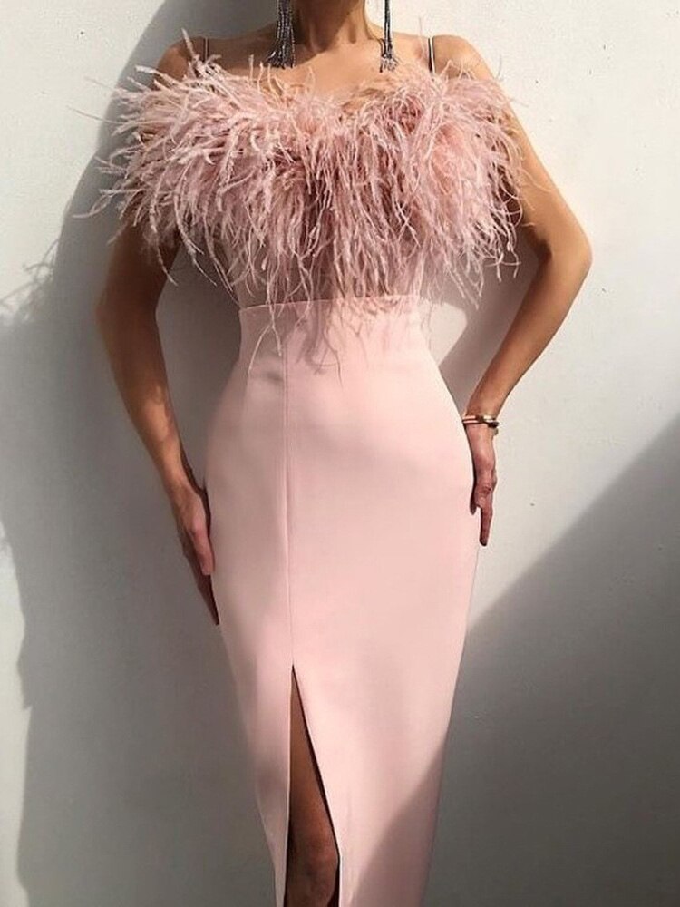 loveedsTM- Luxury Feathers Dress Women Sleeveless Spaghetti Strap High Waist Bodycon Slit Mid-calf Wedding Birthday Party Evening Dresses