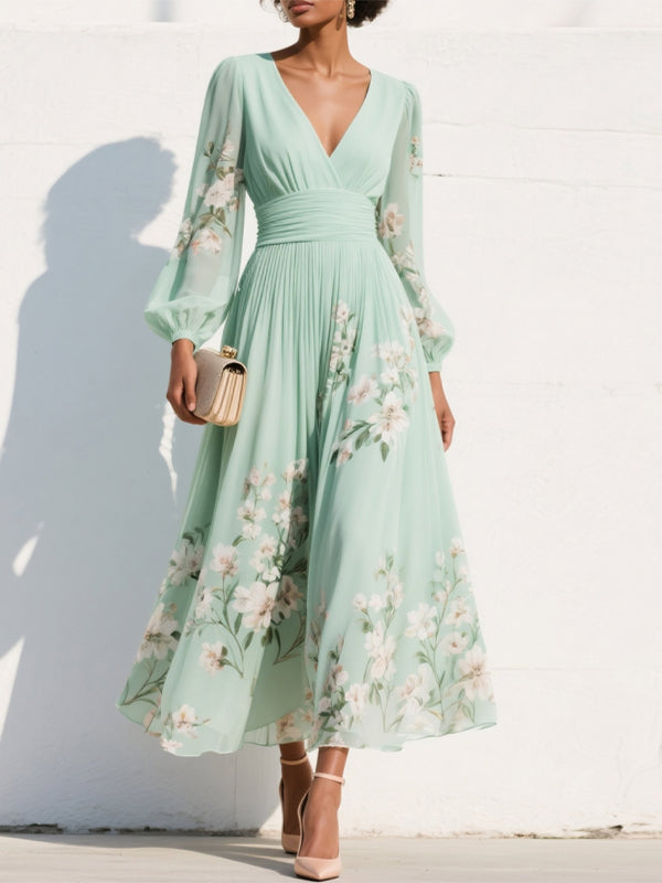 Light Green Ruched Floral Chiffon V Neck Long Sleeve Balloon Sleeve A-Line Maxi Dress