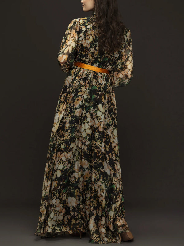 Printed Long Sleeves With Lace Up Maxi Dress