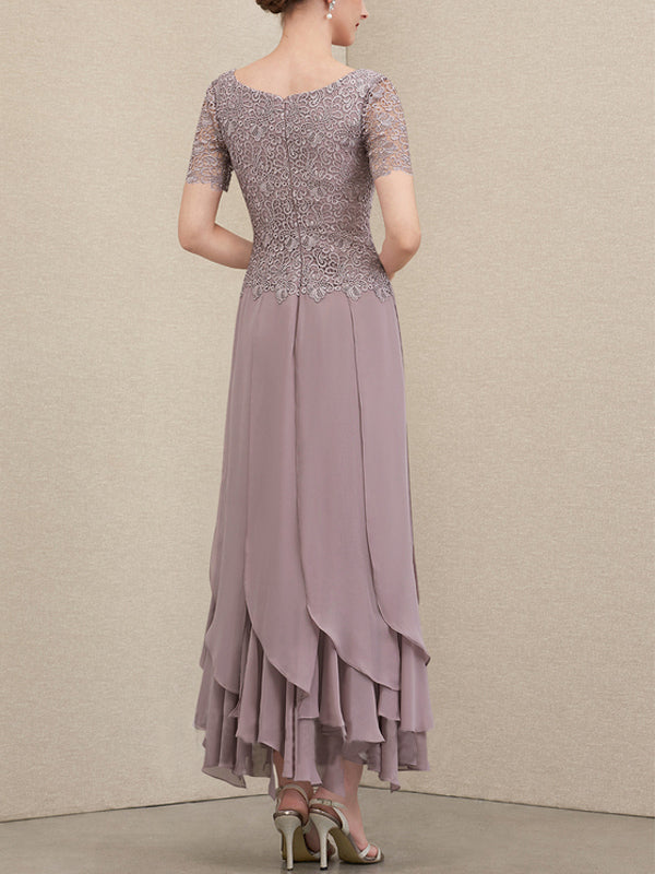 A-Line Scoop Neck Ankle Chiffon Lace Bridal Mom Gown with Layered Ruffles