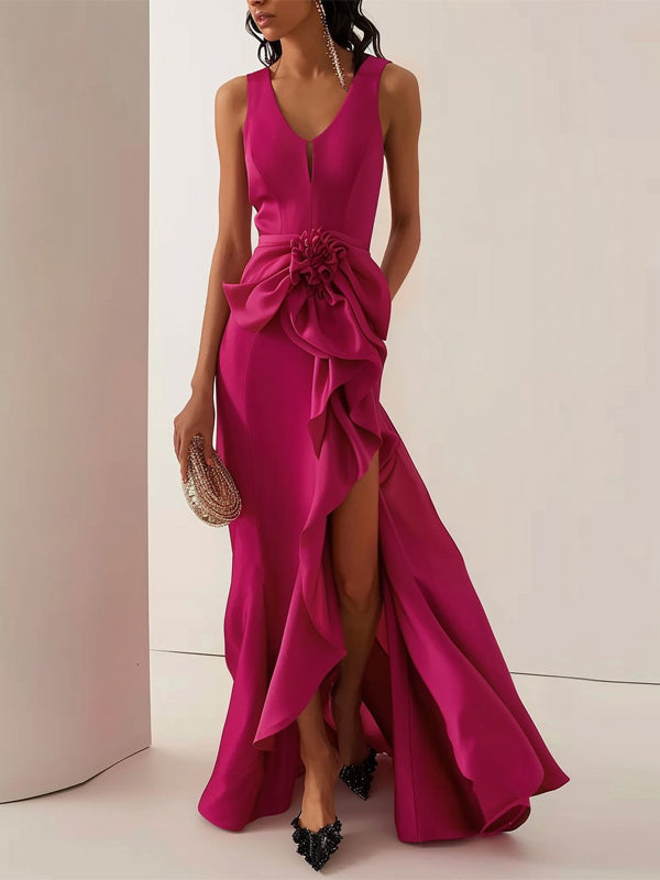 V-neck Sleeveless Solid Color Maxi Dress