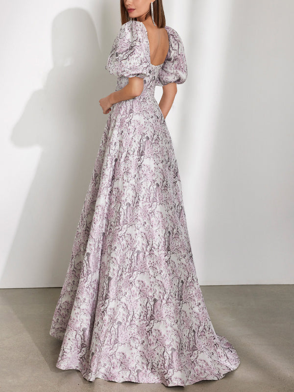 Square Collar Print Maxi Dress