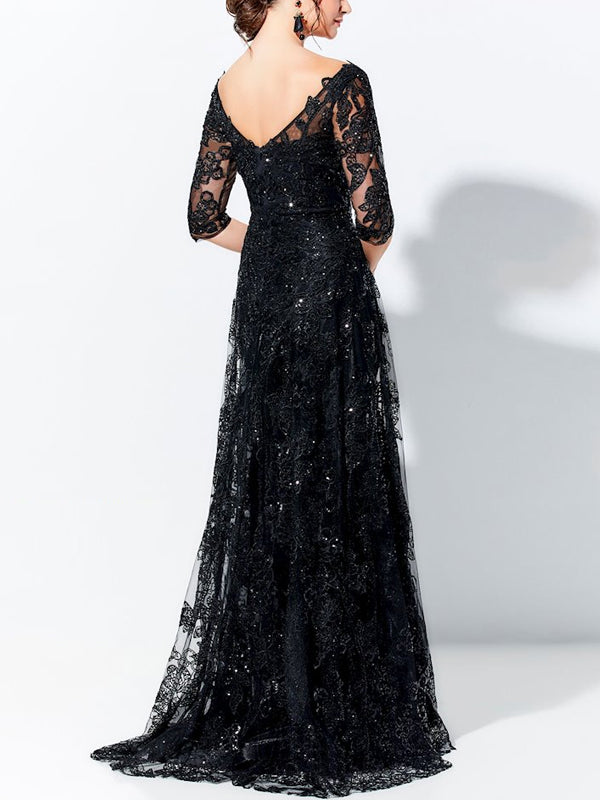 V Neck Lace Sequin Maxi Dress