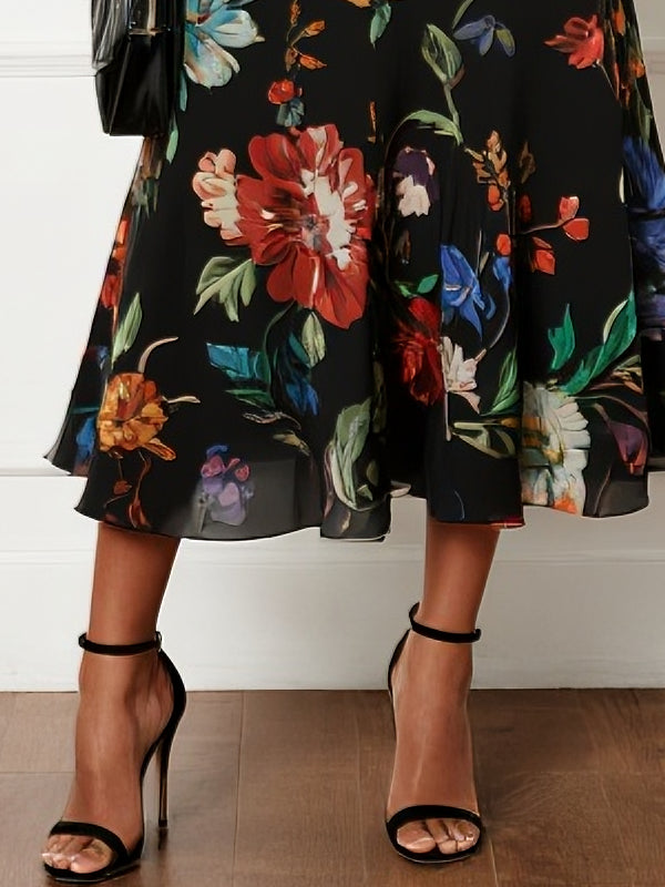 Floral Chiffon V Neck Short Sleeve Bell Sleeve A-Line Midi Dress