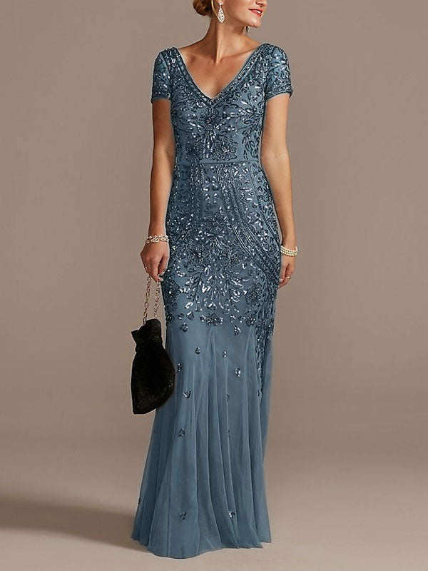 V-neck Beaded Short Sleeve Dress with Godets Mother of the Bride Dress