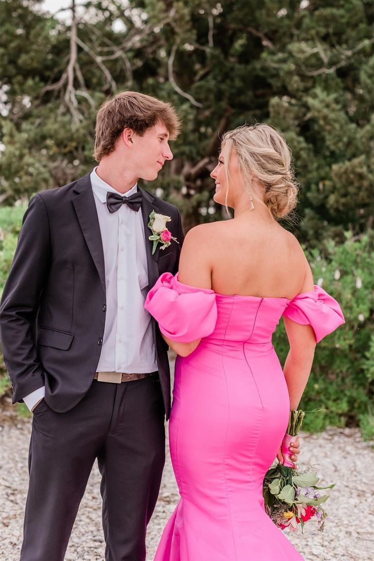 Elegant Mermaid Off-the-shoulder Hot Pink Satin Prom Dresses SH1748