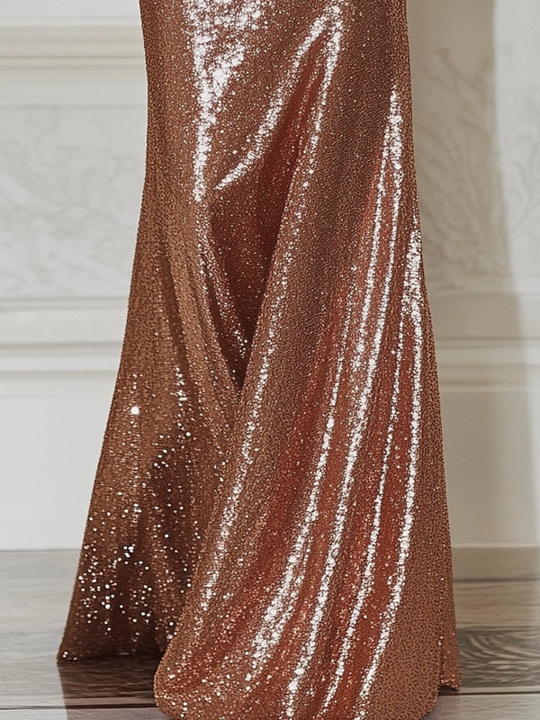 Evening Formal Sequin Dress Champagne Off-Shoulder Floor-Length Gown