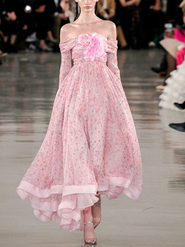 Pink Off-shoulder Print Midi Dress