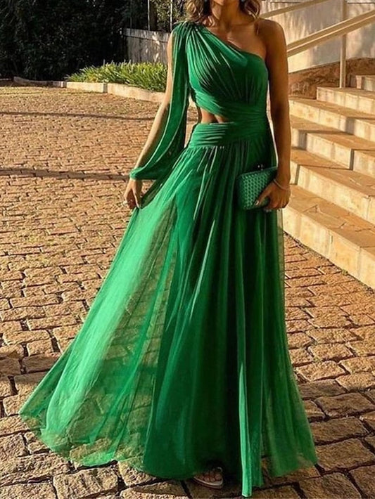loveedsTM-Women's Prom Dress Party Dress Cut Out Dress Long Dress Maxi Dress Green Long Sleeve Pure Color Backless Spring Fall Winter One Shoulder Fashion Birthday Evening Party Wedding Guest 2024
