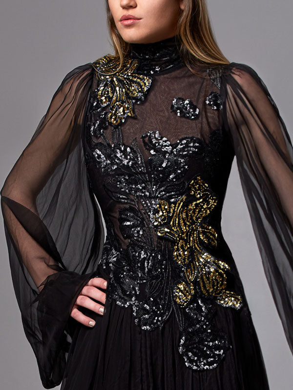 Sequined Long-sleeved Tulle Gown