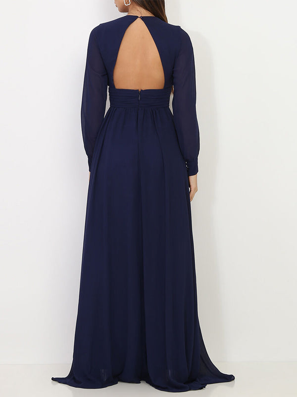 V-neck Solid Color Long Sleeve Chiffon Maxi Dress