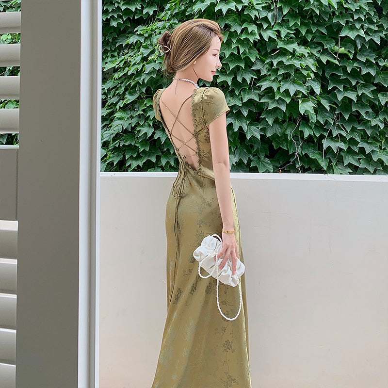 loveedsTM- Elegant Women Green Satin Backless Evening Dress Ladies Lace Bandage Vintage Jacquard Mixi Dresses Party Vestidos Summer Robe